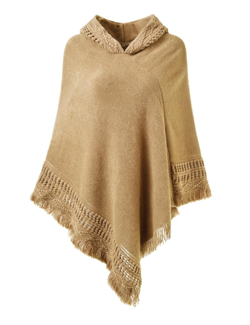 Ferand Ladies' Hooded Cape with Fringed Hem, Crochet Poncho Knitting Patterns for Women, Khaki - Image 1